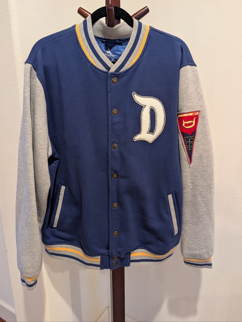 Disney Vintage Blue and Gray Varsity Bomber Jacket with Yellow Trim, Size L